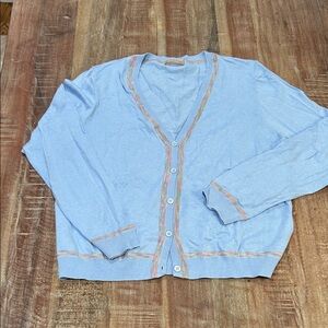 KIER + J Pastel Blue Cotton Cashmere Cardigan with Watercolor Rainbow Trim
